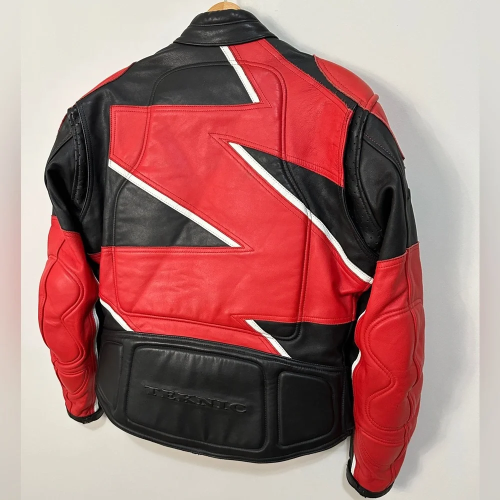 Red & Black Zigzag Lightening Strike Genuine Leather Motorcycle Jacket - Picture 8 of 12